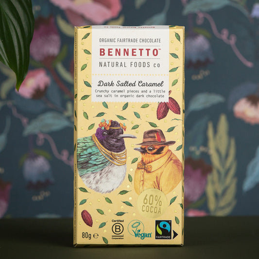 Dark salted caramel chocolate from Bennetto Natural Foods UK with rich caramel and sea salt visible in the image.