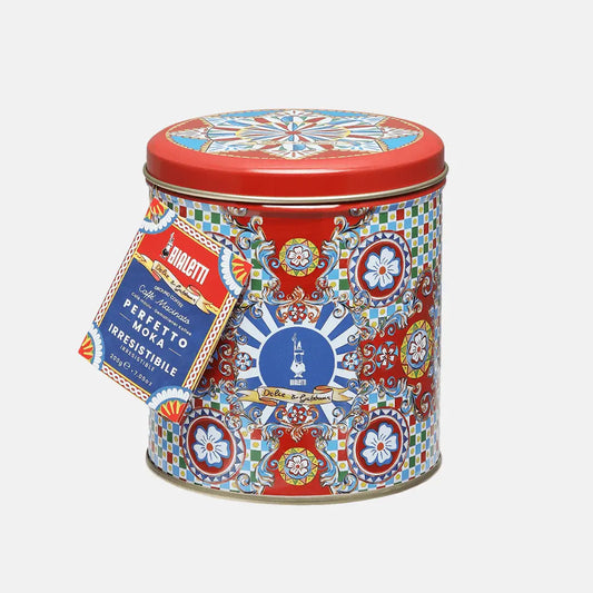 Bialetti Coffee tin featuring Dolce&Gabbana Irresistible Coffee Moka Ground by Brew Italia, 200g packaging with Dolce&Gabbana design