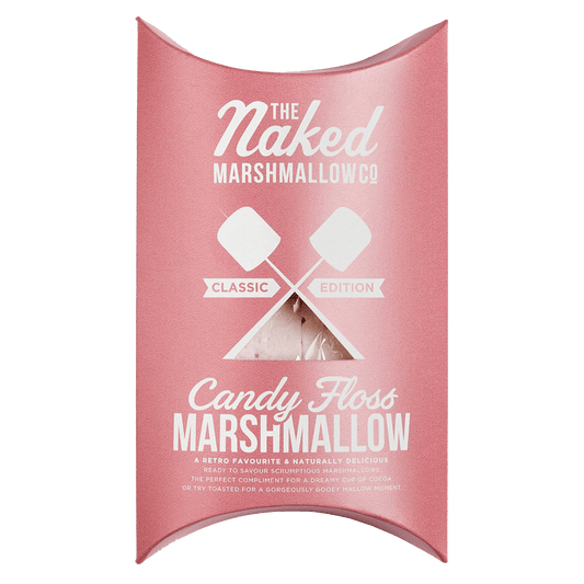 Gourmet Candy Floss Marshmallows from THE MARSHMALLOW FACTORY with fluffy pink and white marshmallow pieces on a white background.