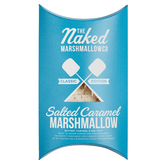 Gourmet salted caramel marshmallows from THE MARSHMALLOW FACTORY, showcasing soft marshmallows with caramel and sea salt topping.