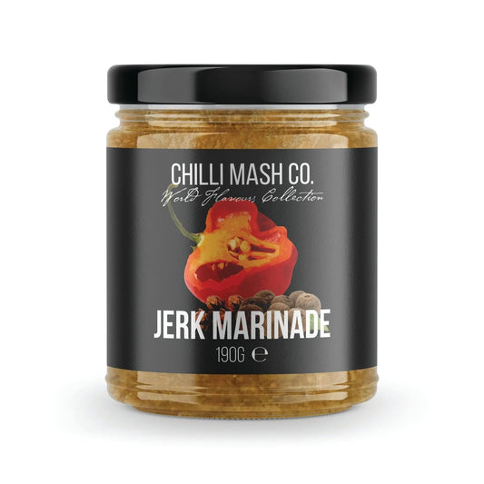 Jerk marinade chili paste from Chilli Mash Co. in a 190g jar, part of the World Flavours Collection, with vibrant chili ingredients visible.