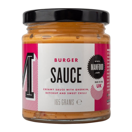 Manfood vegan burger sauce in a glass jar with a pink and white label featuring gherkin and chilli ingredients.