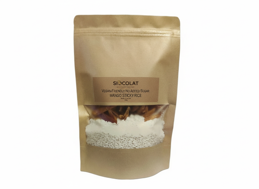 Vegan mango sticky rice dessert mix by Siocolat, showing prepared sticky rice with mango slices in a bowl.