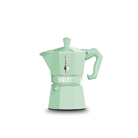 Bialetti Moka Express Exclusive 3-cup green stovetop coffee maker by Brew Italia, featuring a classic aluminum design.