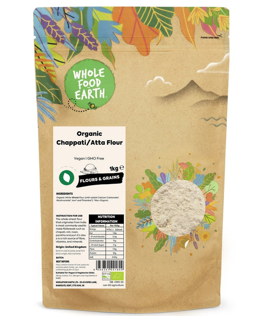 Organic Whole Food Earth Chapati Atta Flour in a bag, showcasing the natural grain texture and packaging for healthy baking.