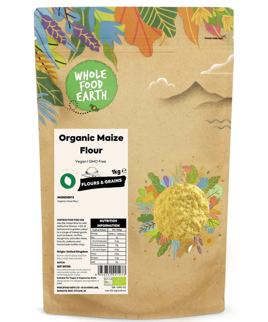 Organic maize flour from Whole Food Earth, showing a bag of natural corn flour in a kitchen setting.