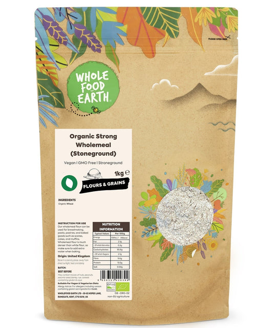 Organic Strong Stoneground Wholemeal flour from Whole Food Earth, showing a bag of wholegrain flour with a rustic design.