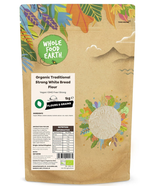 Organic traditional strong white bread flour from Whole Food Earth, showing a bag of high-quality flour for baking bread.