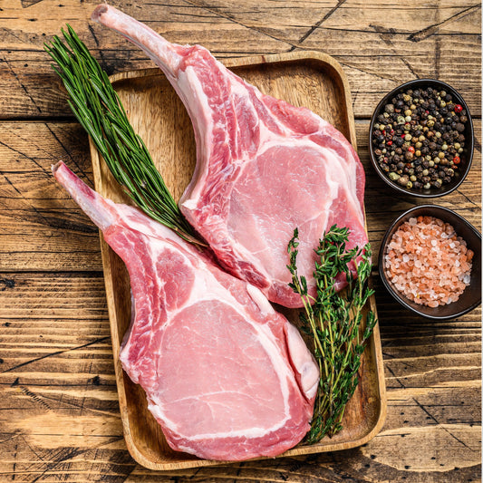 French-trimmed pork cutlets from Primrose Herd, fresh pork chops with cleanly trimmed edges ready for cooking.