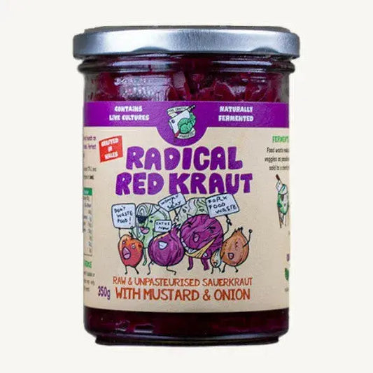 Close-up of a 350g jar of Radical Red Kraut, vibrant red sauerkraut by Crafty Pickle Co. in a glass jar with a metal lid.