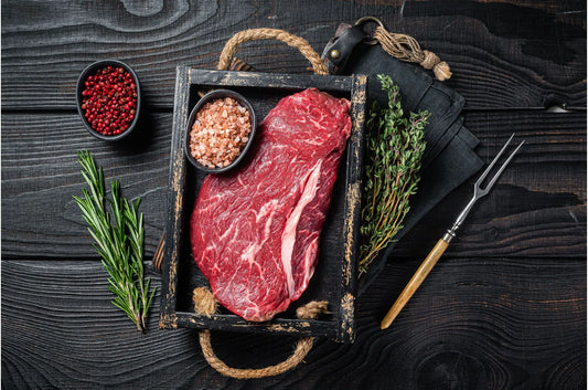 Primrose Herd Cornish dry-aged grass-fed beef rump steak, thick cut with marbled texture, ready for grilling or cooking.