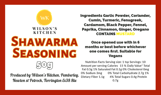 Wilson’s Kitchen Shawarma Seasoning in a jar, aromatic spices for flavorful shawarma cooking, cooking ingredients for Middle Eastern cuisine