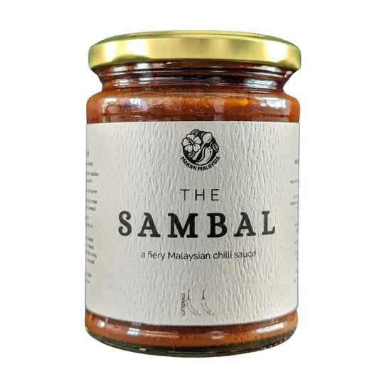Spicy Makan Malaysia Sambal Chilli Sauce in a glass jar, showcasing its vibrant red color and textured chili ingredients.