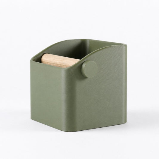 KNOCDIC® Square Espresso Knock Box with oak knock bar for easy coffee puck disposal, durable stainless steel construction.