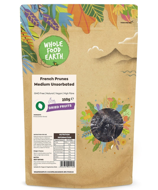 Medium unsorbated French prunes from Whole Food Earth, dried fruit with dark, wrinkled appearance, ideal for snacking or baking.