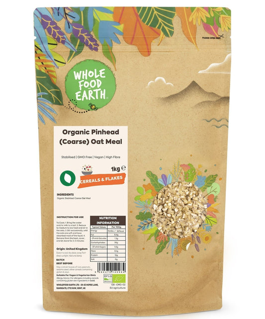 Organic Pinhead Coarse Oatmeal cereal from Whole Food Earth, showing a bowl of textured, coarse oat flakes ready to serve.