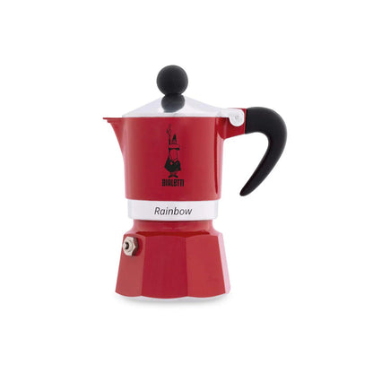 Red Bialetti Rainbow aluminium stovetop coffee maker with three cups, featuring a classic Bialetti hardware design by Brew Italia.