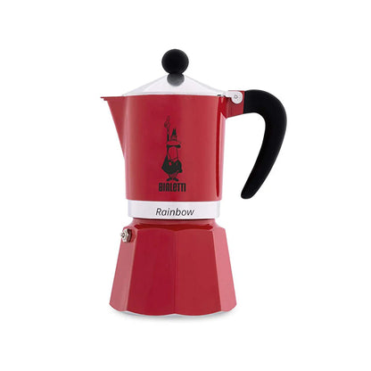 Bialetti Rainbow aluminium stovetop coffee maker in red, 6-cup size, with rainbow-colored handle and stainless steel accents.