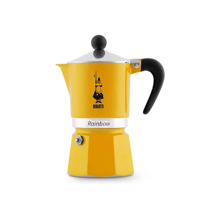 Bialetti Rainbow aluminium stovetop coffee maker in yellow, 3-cup size, with rainbow finish and Bialetti hardware branding.