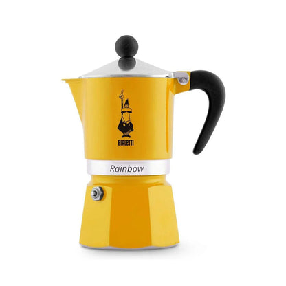 Bialetti Rainbow aluminium stovetop coffee maker for 6 cups, featuring a yellow finish and classic Moka pot design.