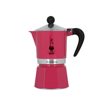 Pink Bialetti Rainbow aluminium stovetop coffee maker for 3 cups, with a shiny rainbow-colored finish and classic design.