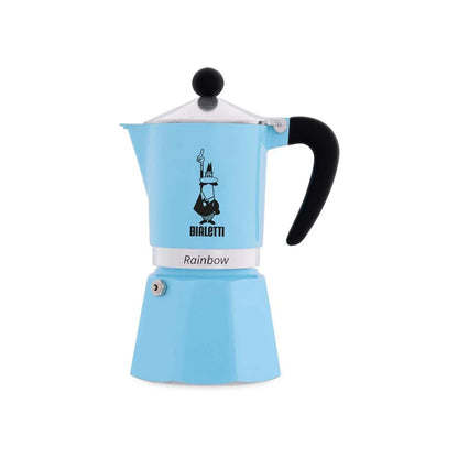 Bialetti Rainbow aluminium stovetop coffee maker for 3 cups with light blue finish, Brew Italia hardware, classic Italian design