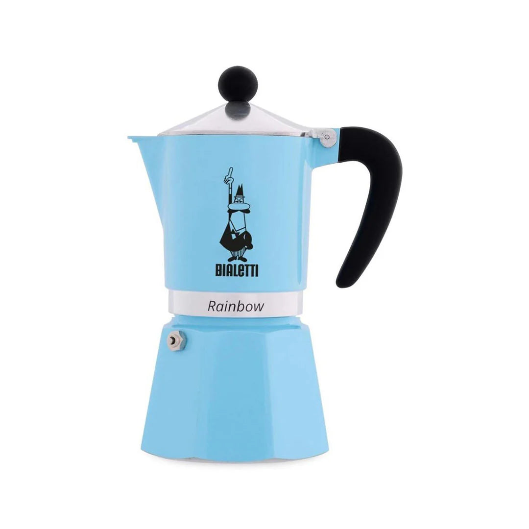 Bialetti Rainbow aluminium stovetop coffee maker, 6-cup capacity, light blue Brew Italia Bialetti hardware for brewing espresso.