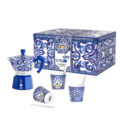 Bialetti X Dolce&Gabbana Blue Mediterranean gift set with 3-cup Moka coffee maker and stirrer, Brew Italia hardware, vibrant design