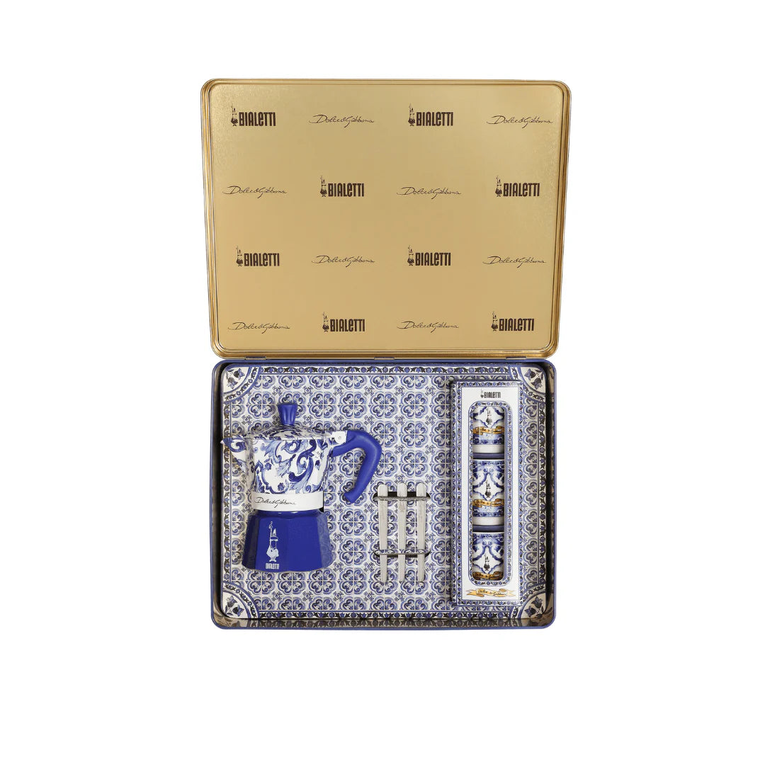 Bialetti X Dolce&Gabbana Blue Mediterranean gift set with 3-cup Moka coffee maker and stirrer by Brew Italia