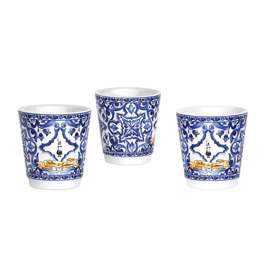 Bialetti X Dolce&Gabbana Blue Mediterranean gift set with 3-cup Moka coffee maker and stirrer, Brew Italia hardware in vibrant blue.
