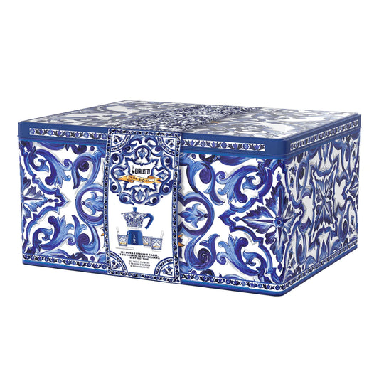 Bialetti X Dolce&Gabbana Blue Mediterranean gift set with 6-cup Moka coffee maker and stirrer, Brew Italia hardware