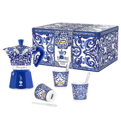 Bialetti X Dolce&Gabbana Blue Mediterranean gift set with 6-cup Moka pot and stirrer, Brew Italia hardware, vibrant blue design