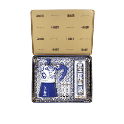 Bialetti X Dolce&Gabbana Blue Mediterranean gift set with 6-cup Moka coffee maker and stirrer, Brew Italia hardware.