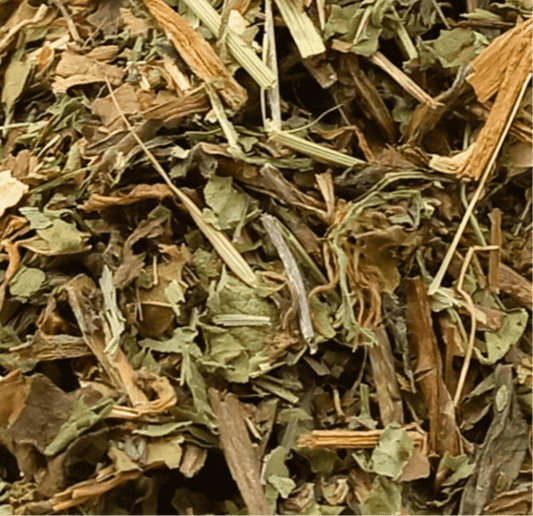 Organic Dandelion Leaf Herbal Tea by Porter Hill Tea Company in a tea bag with dried dandelion leaves and herbs.