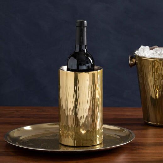 Hammered gold finish wine cooler by Orsina, with textured metal design for chilling bottles