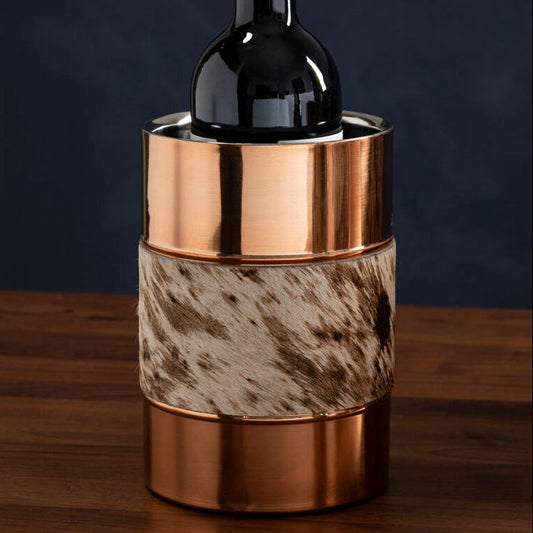 Orsina Albany copper finish wine cooler with hair-on leather exterior and insulated interior