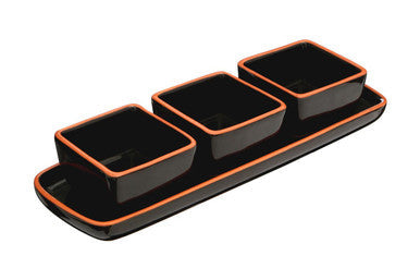 Orsina terracotta set of 3 dip bowls with black tray for serving condiments