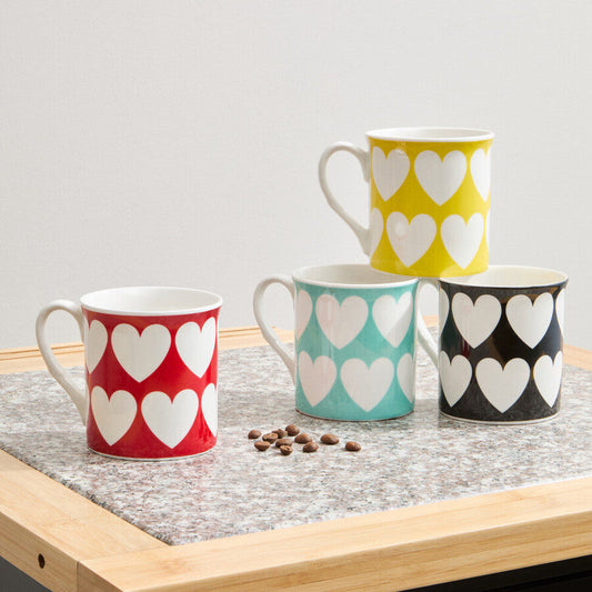 Orsina set of four heart design mugs, white ceramic cups with red heart patterns
