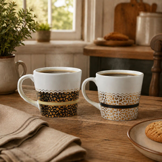 Orsina London set of two leopard print mugs in coordinating animal print designs