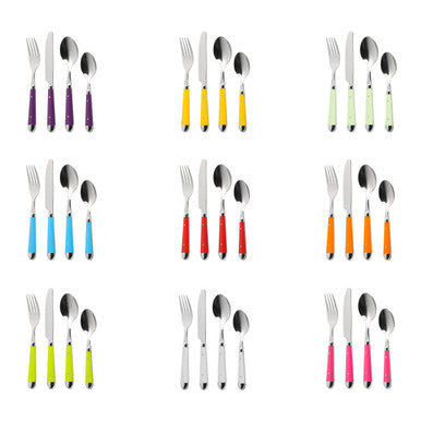 16-piece red Orsina Brasserie cutlery set including forks, knives, spoons, arranged on a dining table.
