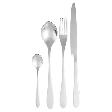 Orsina Gracy 16-piece cutlery set with stainless steel forks, knives, spoons, and serving utensils on a wooden table.