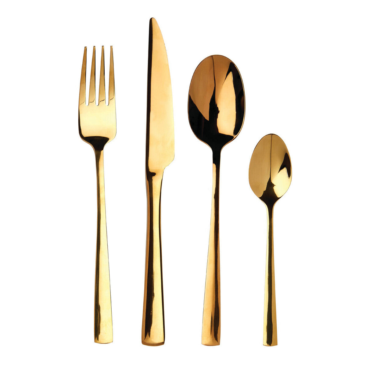 Orsina Glow 16-piece gold cutlery set with sleek forks, knives, spoons, and teaspoons arranged on a neutral background.