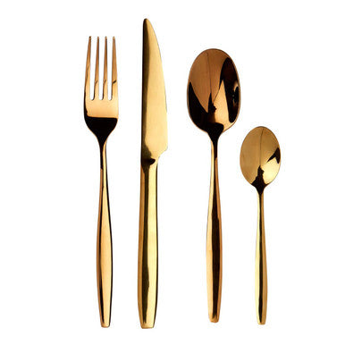 Aura 16-piece gold cutlery set by Orsina featuring forks, knives, spoons, and teaspoons arranged on a clean surface.