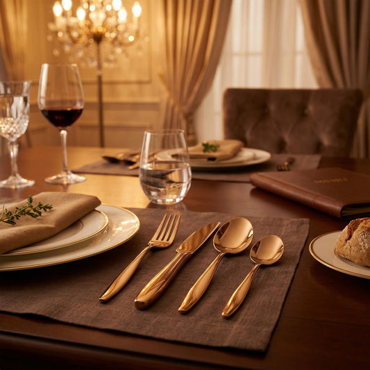 Orsina Aura 16-piece gold cutlery set with sleek handles, includes forks, knives, spoons, and teaspoons arranged on a white background.