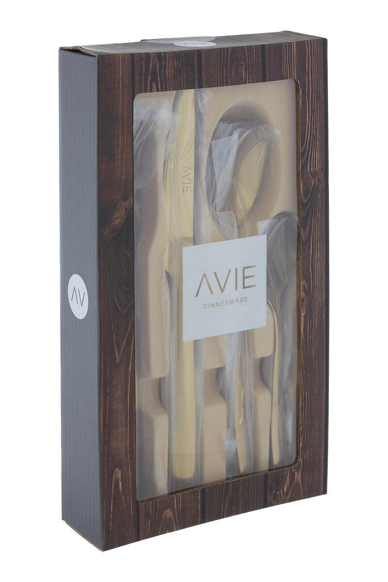 Aura 16-piece gold cutlery set by Orsina includes forks, knives, spoons, and teaspoons arranged on a neutral background.