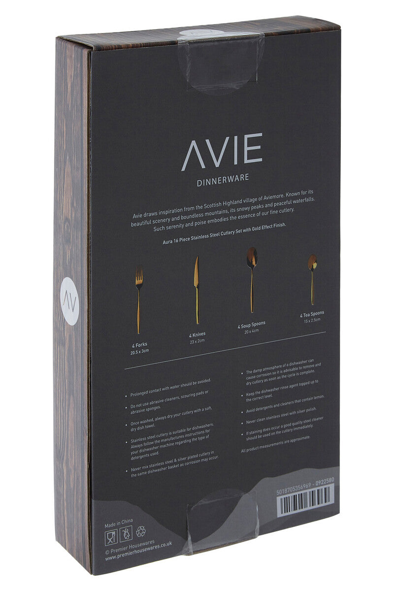 Aura 16-piece gold cutlery set by Orsina featuring sleek handles and polished finish, including forks, knives, spoons, and teaspoons.