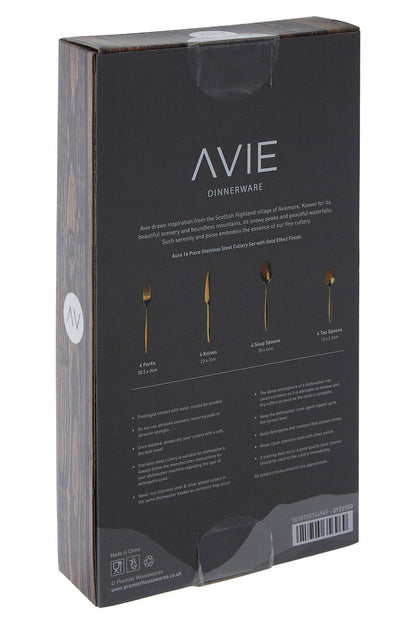 Aura 16-piece gold cutlery set by Orsina featuring sleek handles and polished finish, including forks, knives, spoons, and teaspoons.