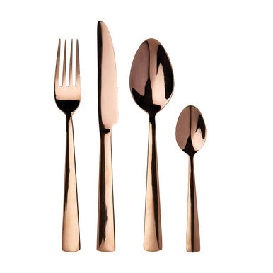 Orsina Lustra 16-piece rose gold cutlery set with forks, knives, spoons, and teaspoons on a white background