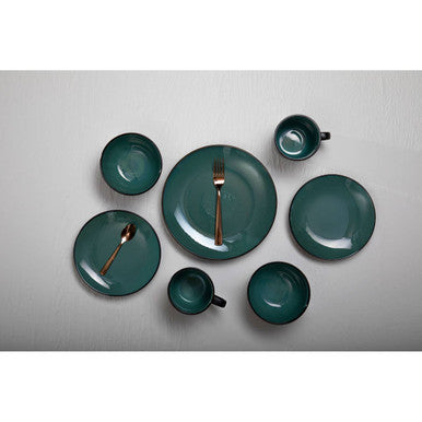 Orsina Lustra 16-piece rose gold cutlery set, including forks, knives, spoons, and teaspoons, arranged on a white background.