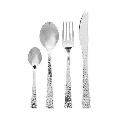 Orsina Martello hammered stainless steel 24-piece cutlery set, including forks, knives, spoons, and teaspoons arranged on a table.